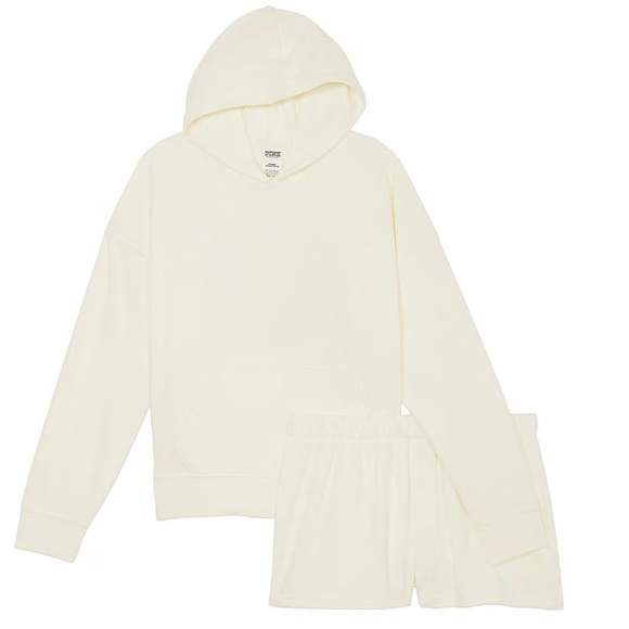 Victoria Secret Pink 2Pc Pajama Set Cream Polar Fleece Short & Hoodie Top New XL - Picture 4 of 9